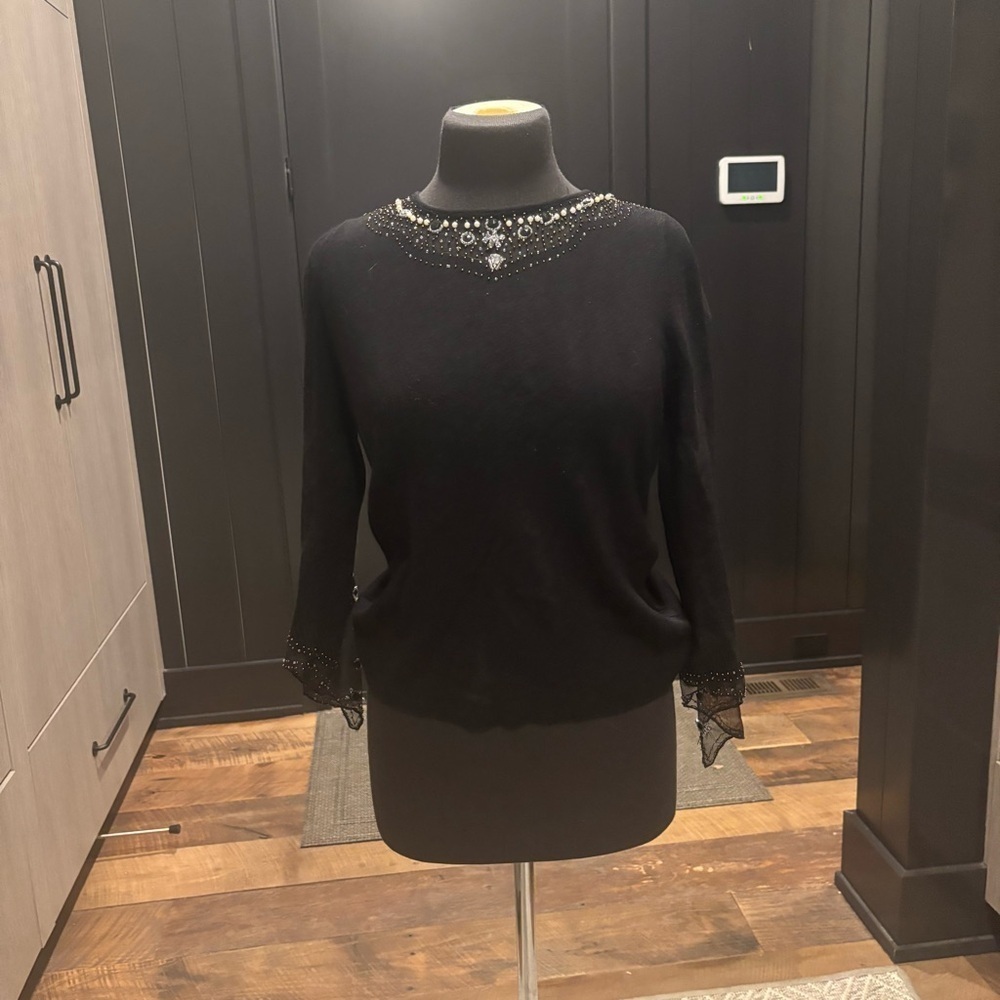 Bonnie & Bill Beaded Spun Silk Black Sweater Size M Y2K Sheer Sleeves
